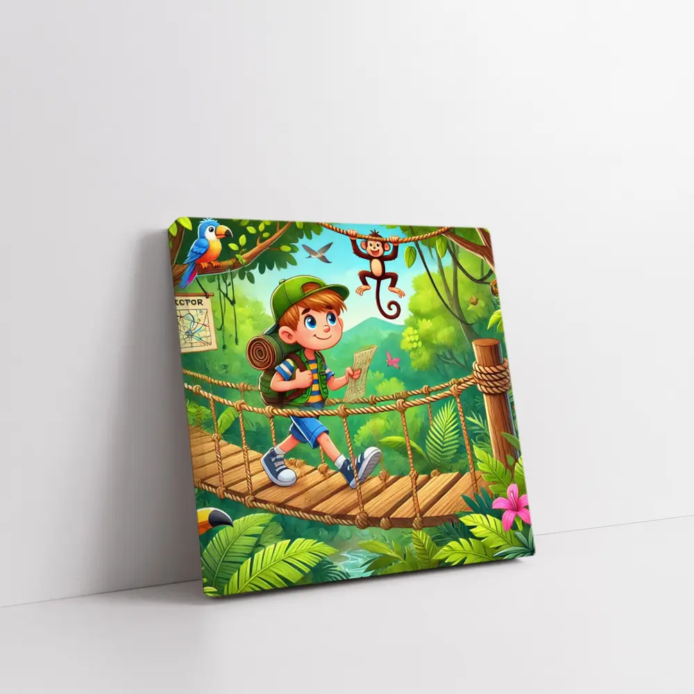 Boy Explorer Crossing Jungle Rope Bridge Cartoon – Wall Art