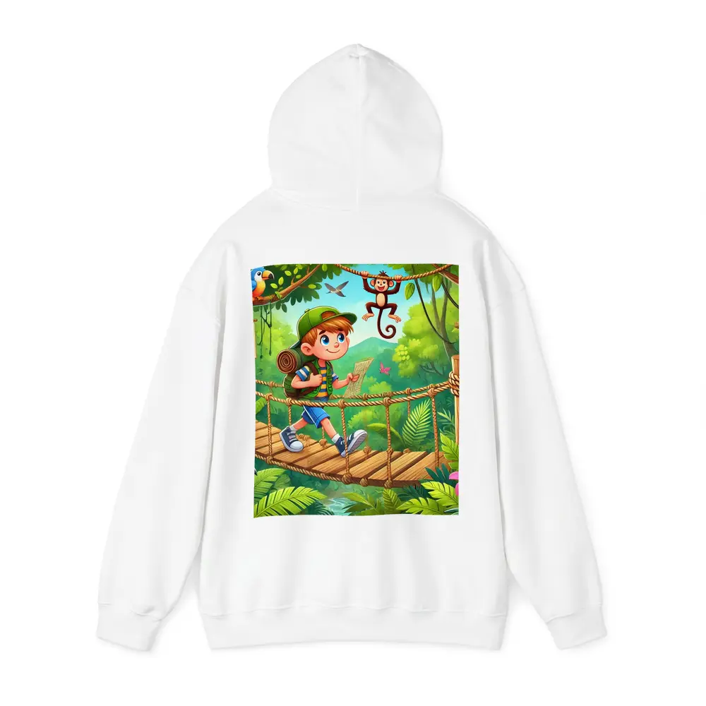 Boy Explorer Crossing Jungle Rope Bridge Cartoon – Hoodies