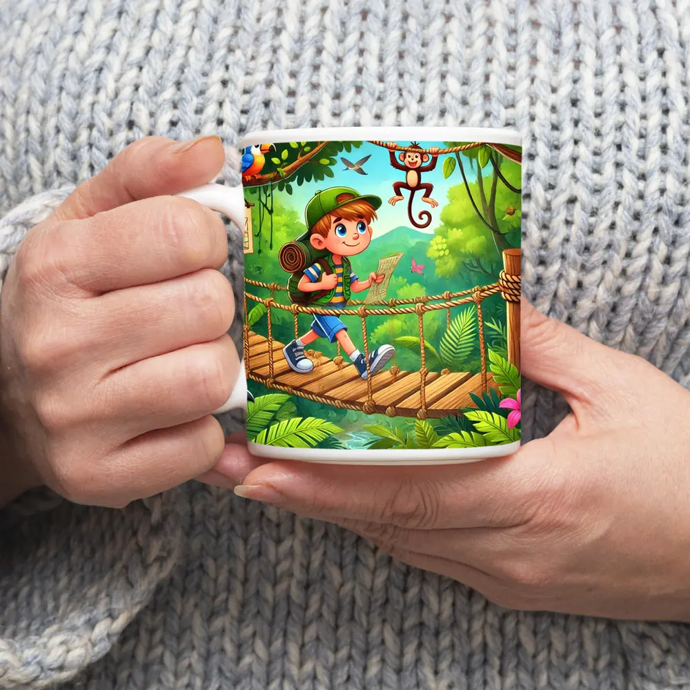 Boy Explorer Crossing Jungle Rope Bridge Cartoon – Mugs