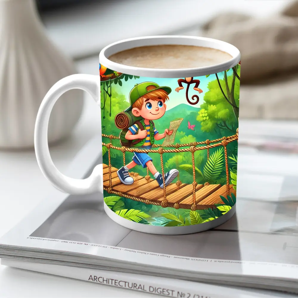 Boy Explorer Crossing Jungle Rope Bridge Cartoon – Mugs