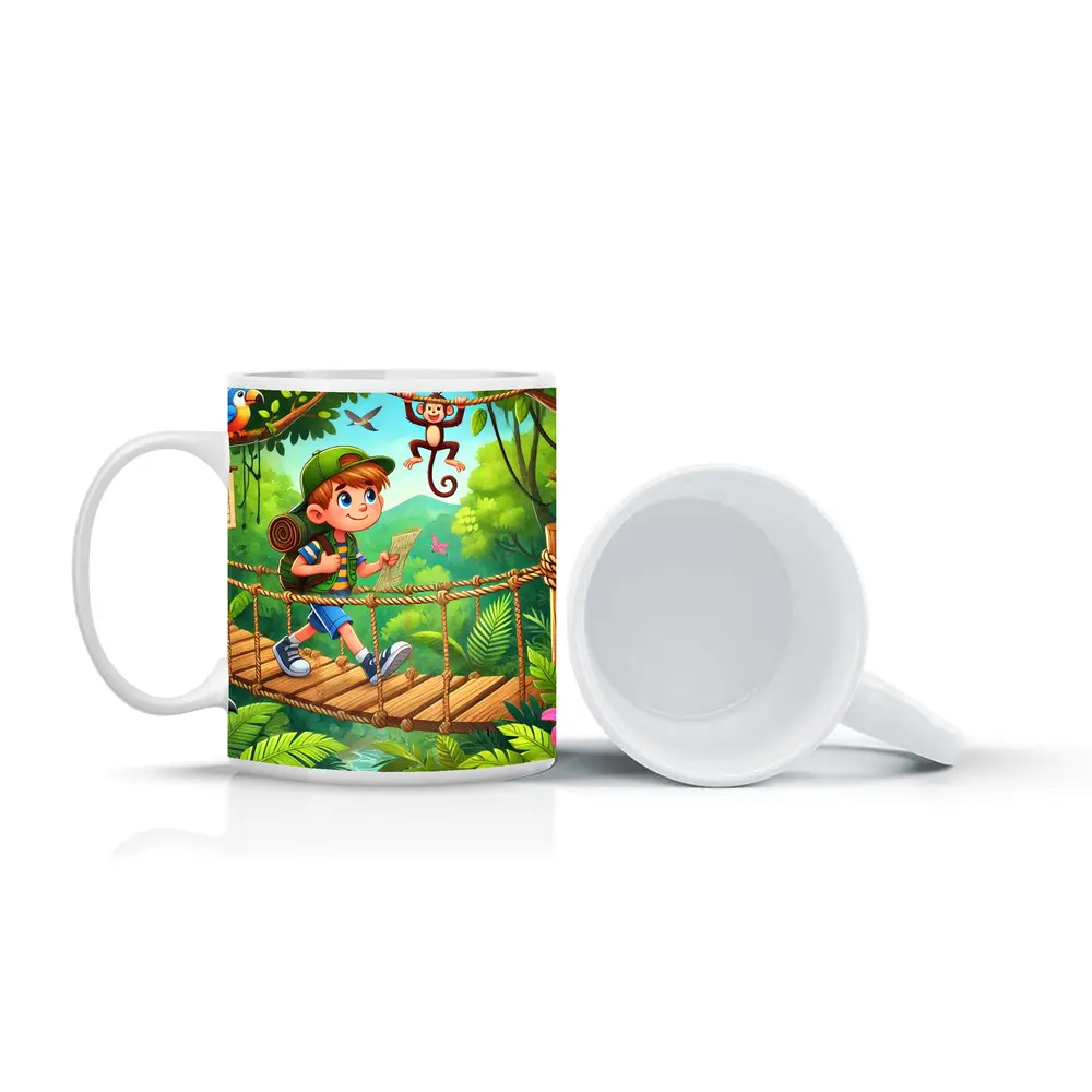 Boy Explorer Crossing Jungle Rope Bridge Cartoon – Mugs