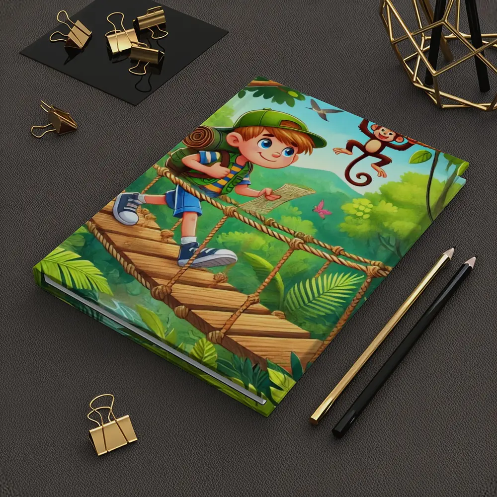 Boy Explorer Crossing Jungle Rope Bridge Cartoon – Notebooks