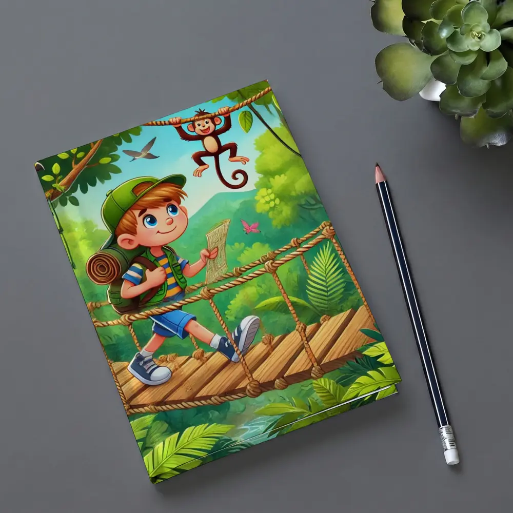 Boy Explorer Crossing Jungle Rope Bridge Cartoon – Notebooks