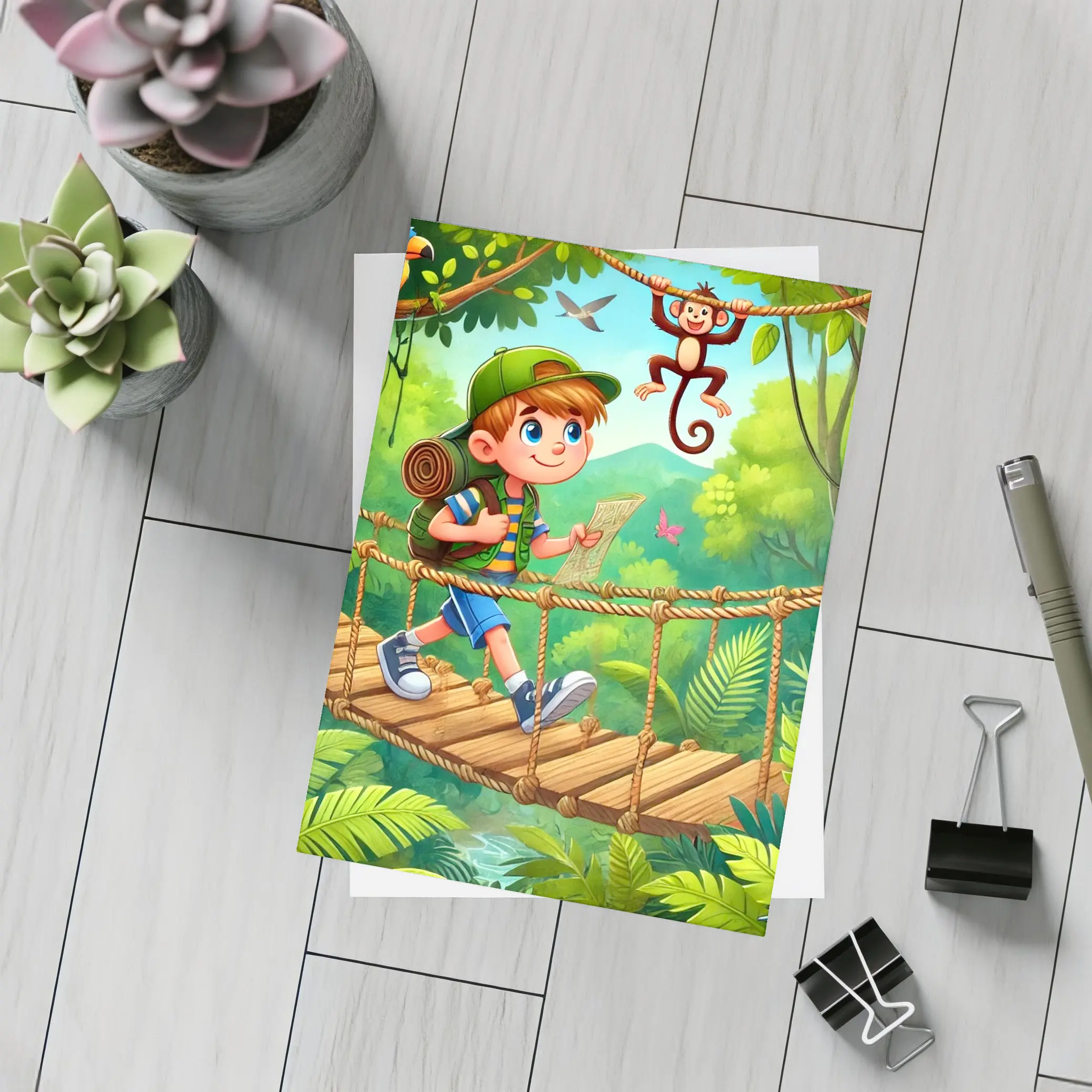 Boy Explorer Crossing Jungle Rope Bridge Cartoon – Postcards