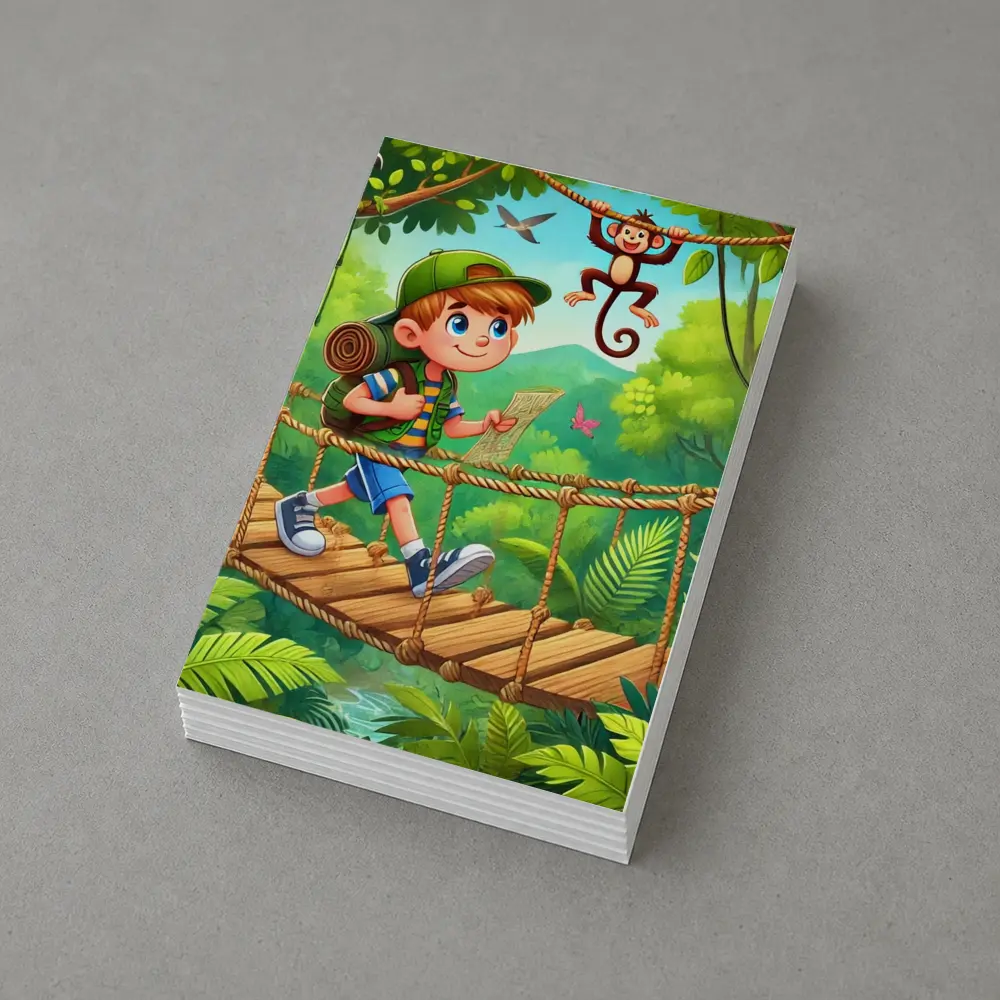 Boy Explorer Crossing Jungle Rope Bridge Cartoon – Postcards