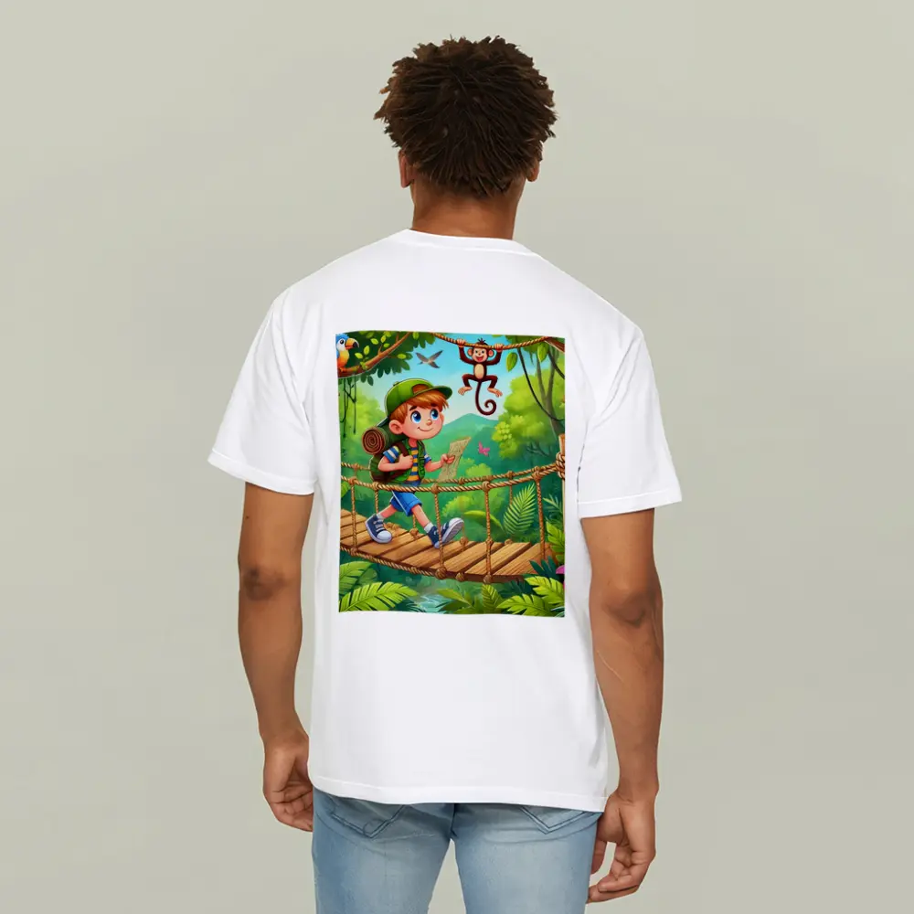 Boy Explorer Crossing Jungle Rope Bridge Cartoon – T-Shirts