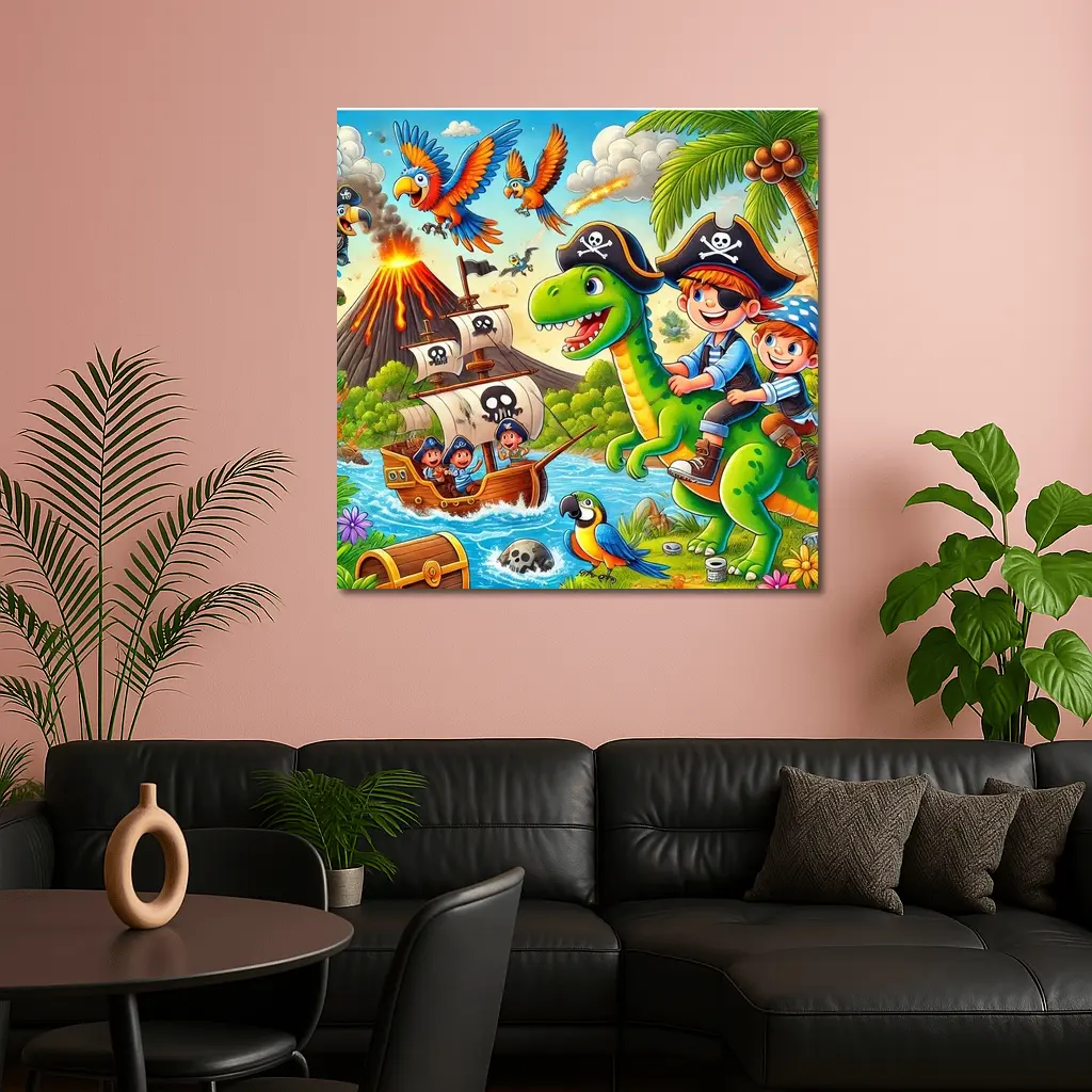 Pirate Kids Riding Dinosaur Treasure Island – Wall Art