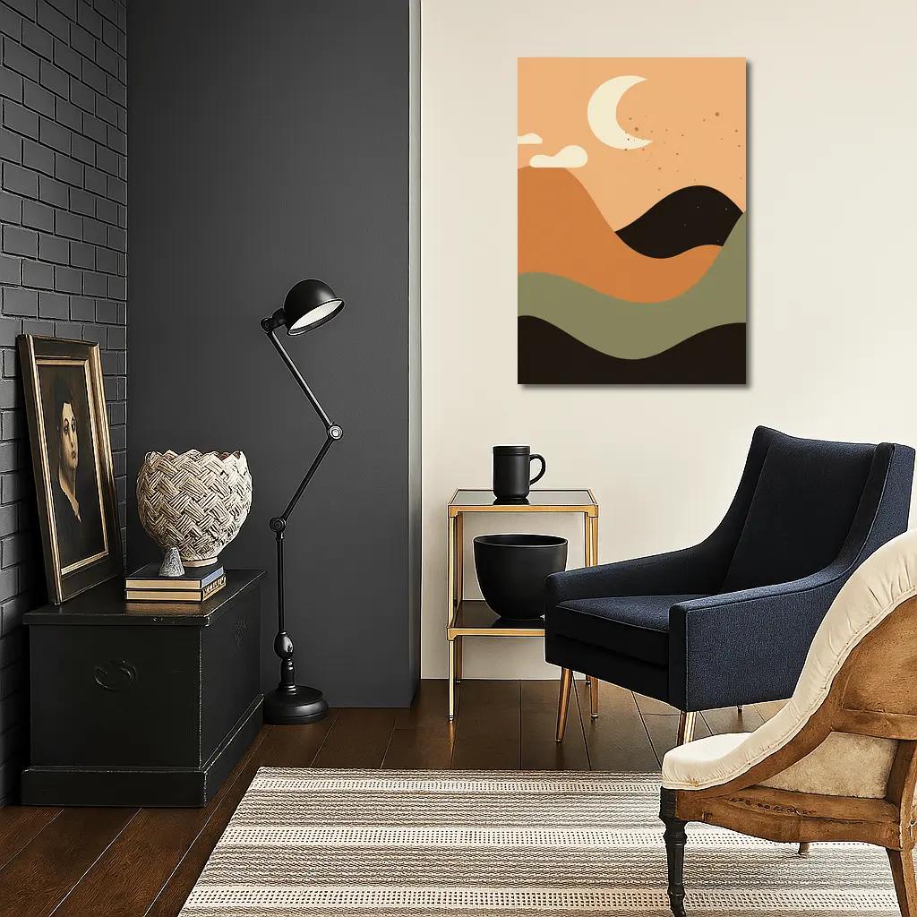 Boho Desert Moon Abstract Mountain Landscape Art – Wall Art