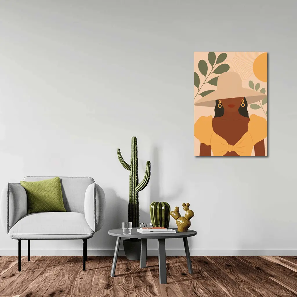 Boho Woman Wide Hat Sun Leaves – Wall Art
