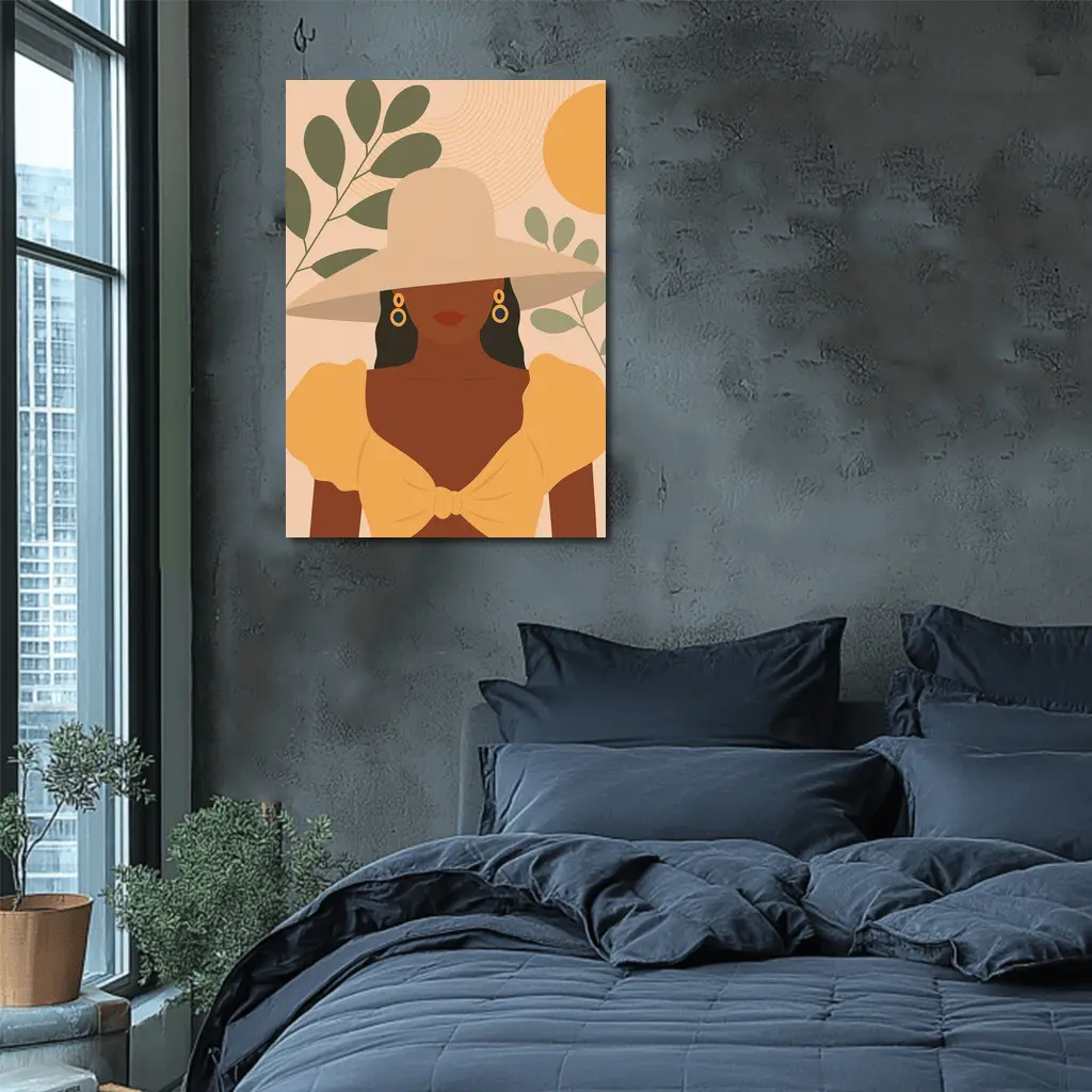 Boho Woman Wide Hat Sun Leaves – Wall Art