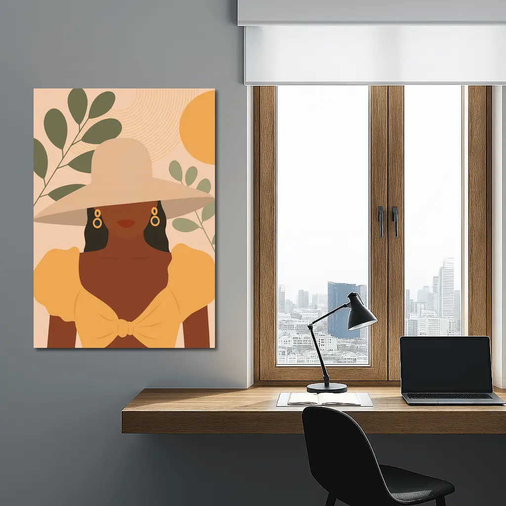 Boho Woman Wide Hat Sun Leaves – Wall Art