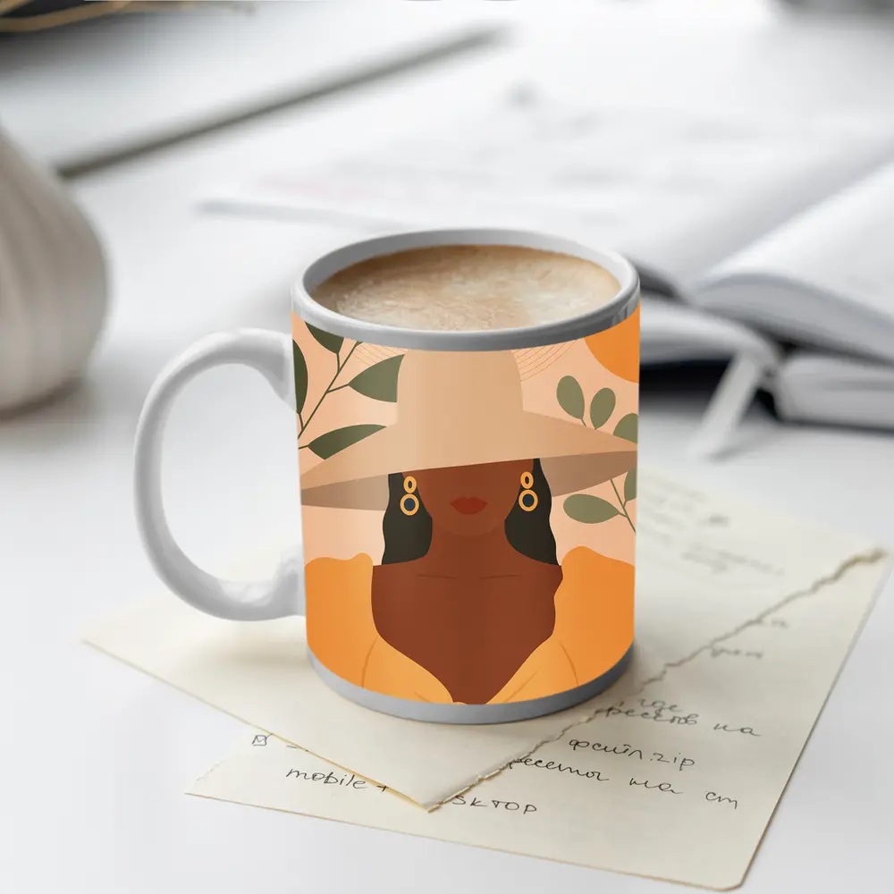 Boho Woman Wide Hat Sun Leaves – Mugs