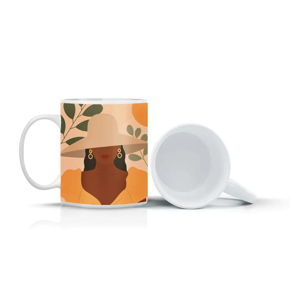 Boho Woman Wide Hat Sun Leaves – Mugs