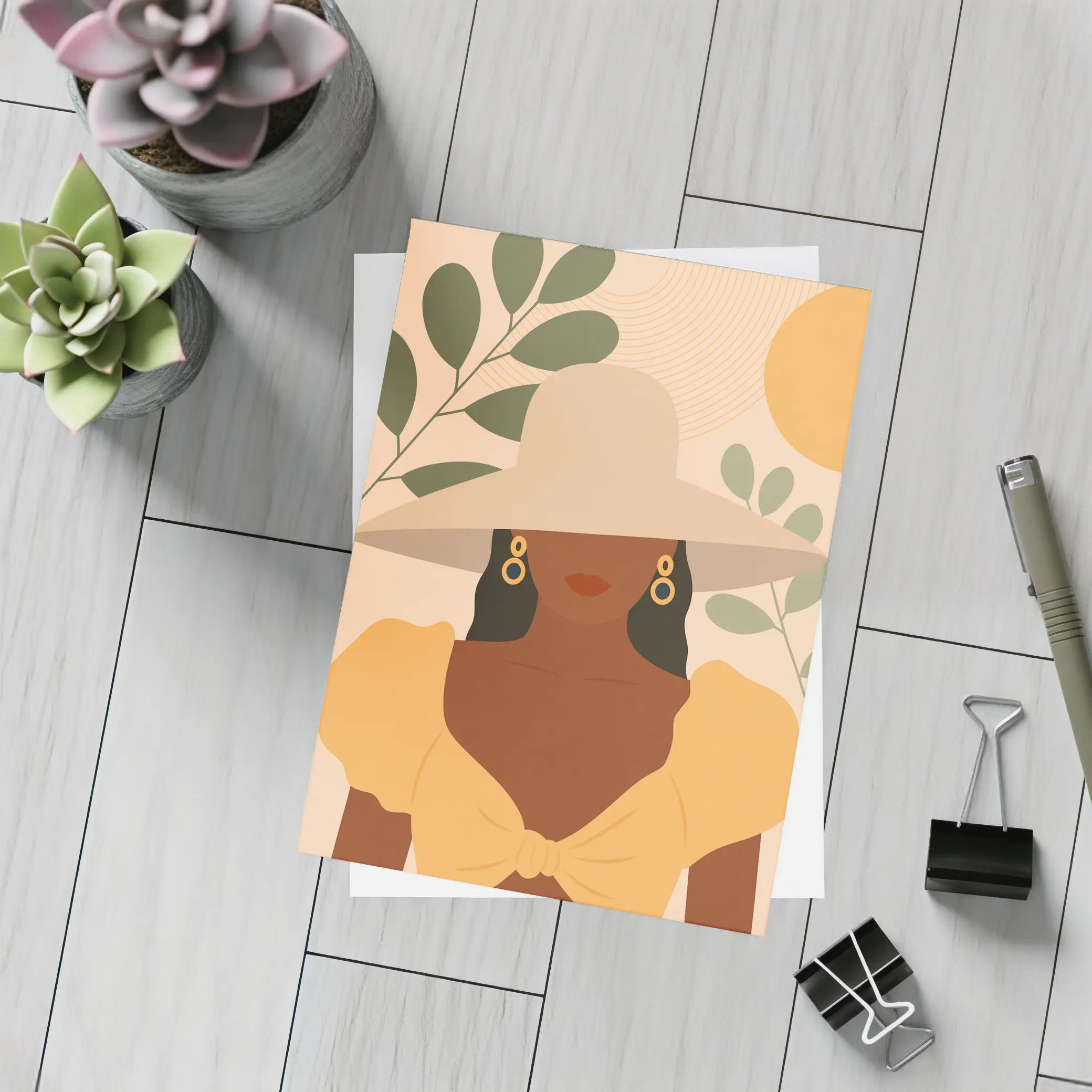 Boho Woman Wide Hat Sun Leaves – Postcards