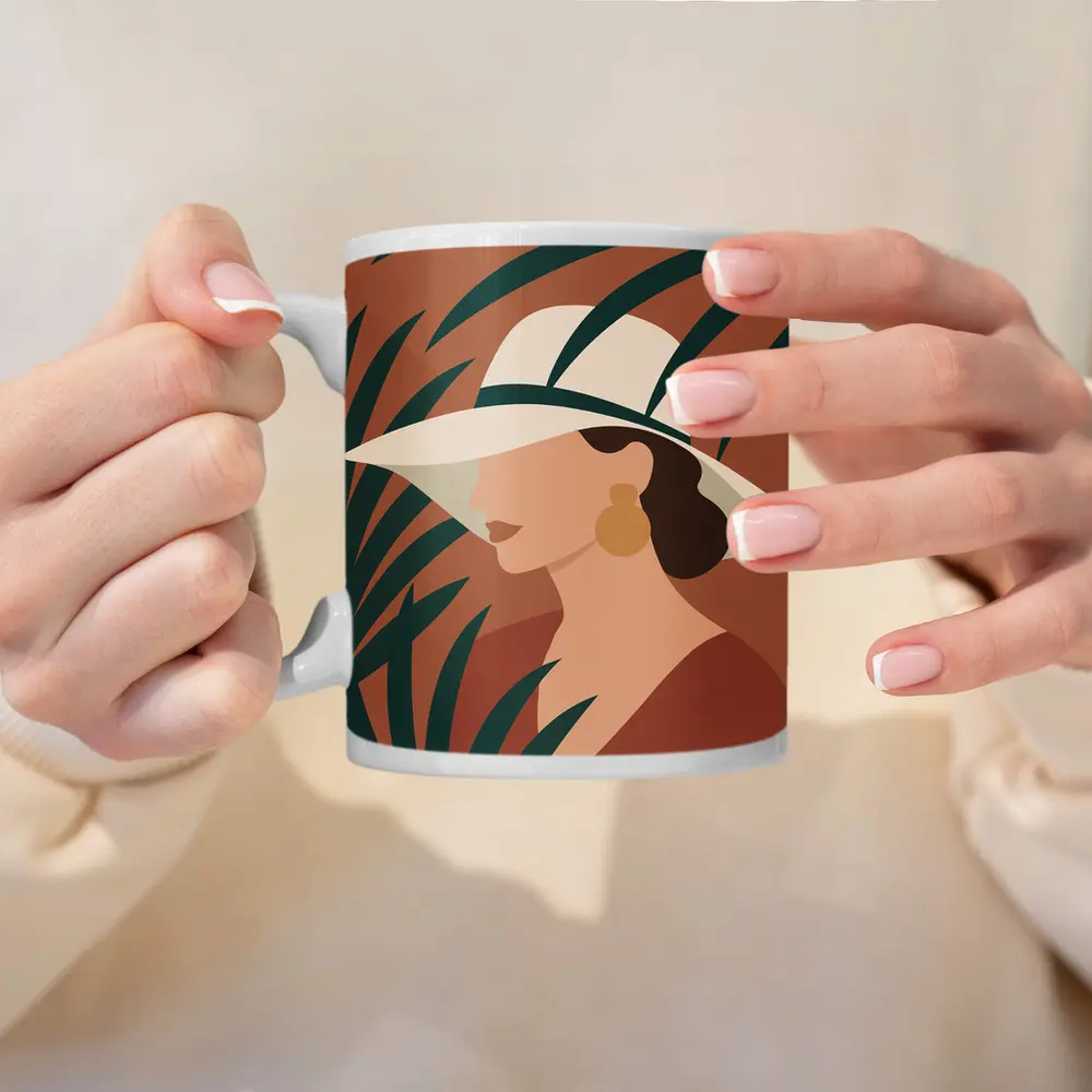 Minimalist Woman Portrait Terracotta Tropical Background – Mugs