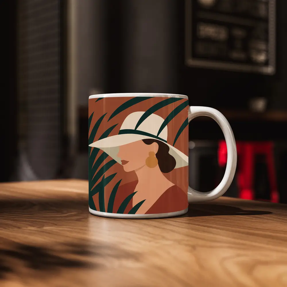 Minimalist Woman Portrait Terracotta Tropical Background – Mugs