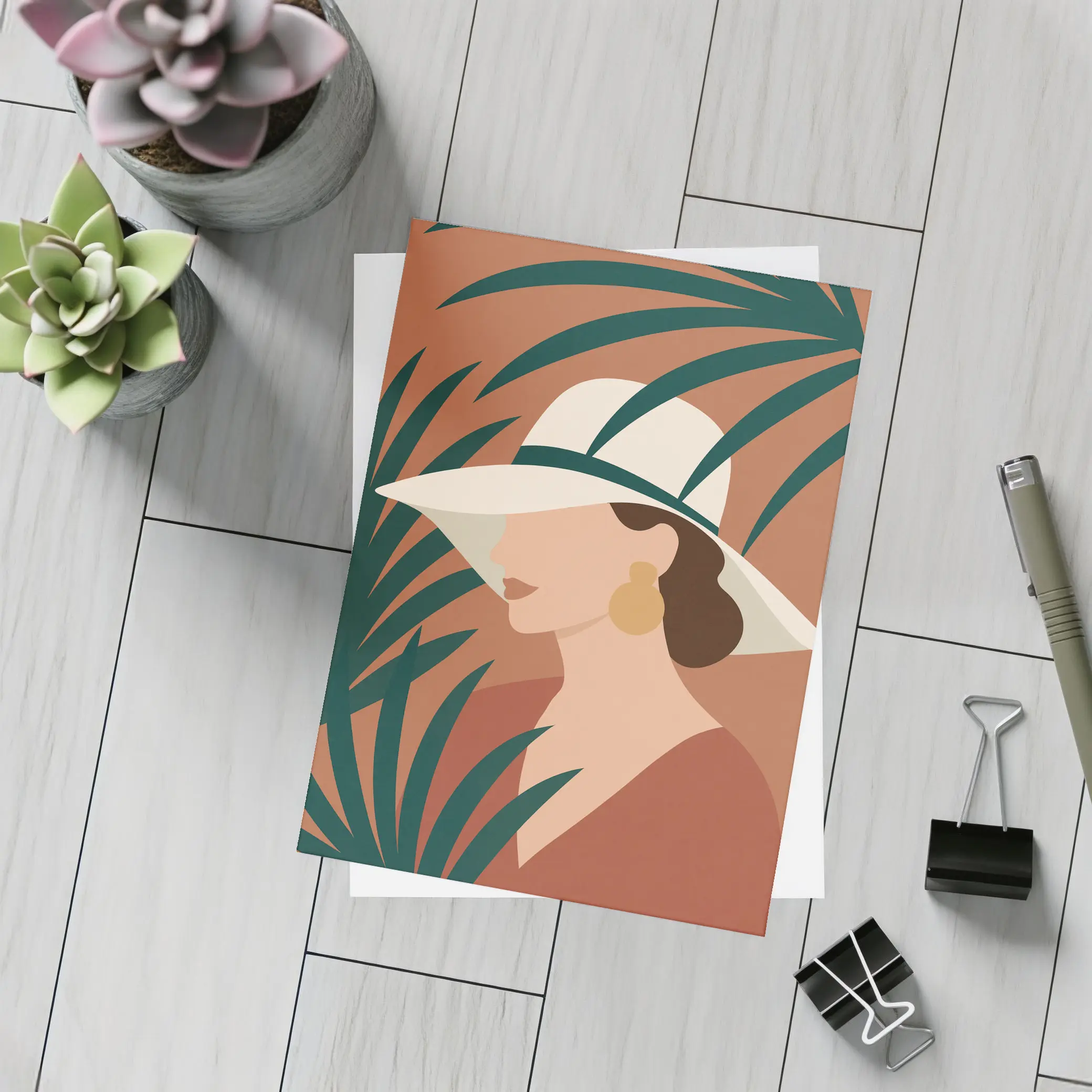 Minimalist Woman Portrait Terracotta Tropical Background – Postcards