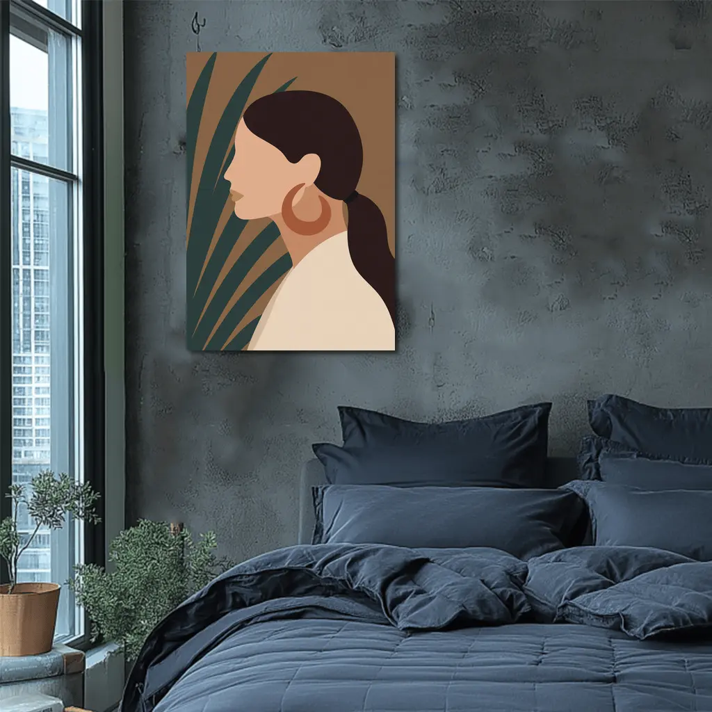 Boho Woman Profile Portrait Tropical Leaf Background – Wall Art