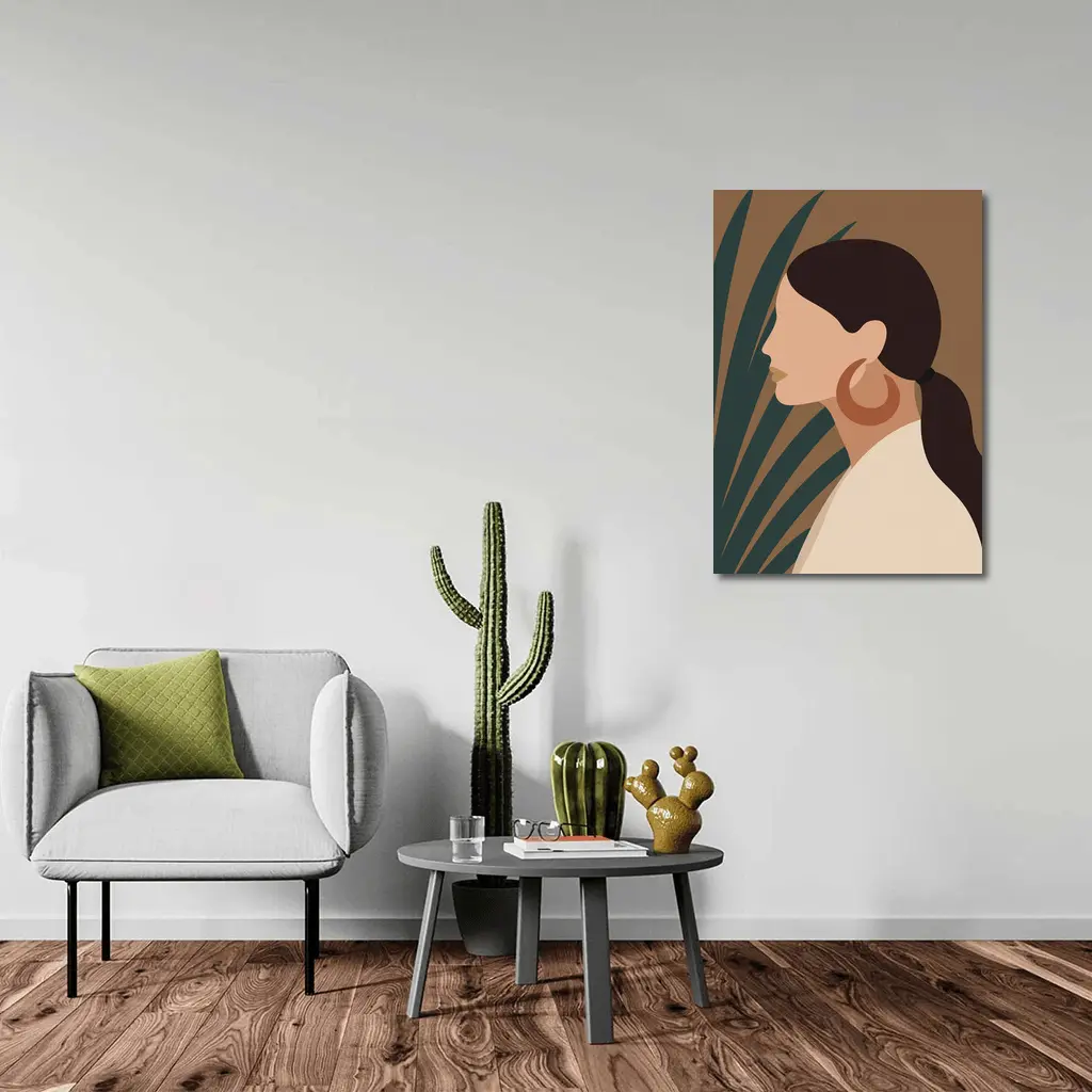 Boho Woman Profile Portrait Tropical Leaf Background – Wall Art