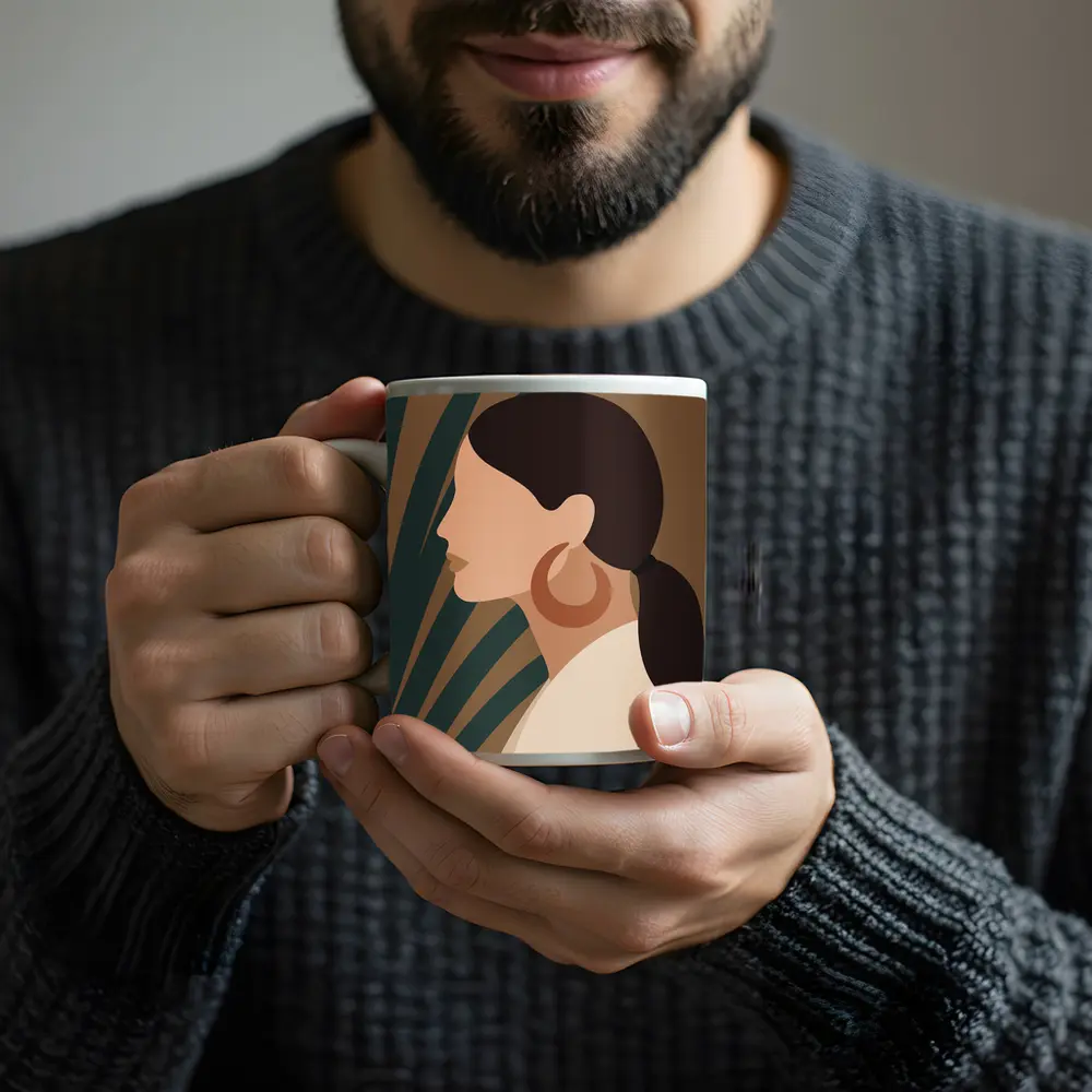 Boho Woman Profile Portrait Tropical Leaf Background – Mugs