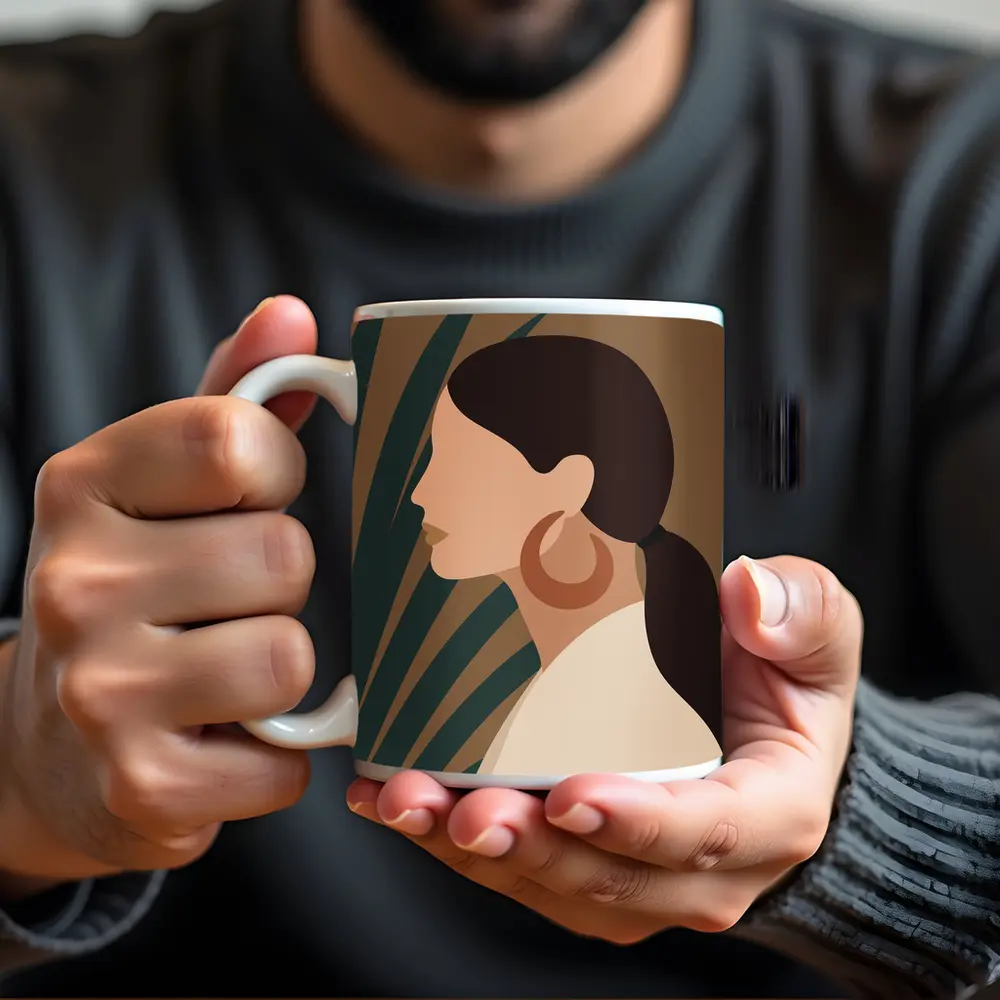 Boho Woman Profile Portrait Tropical Leaf Background – Mugs