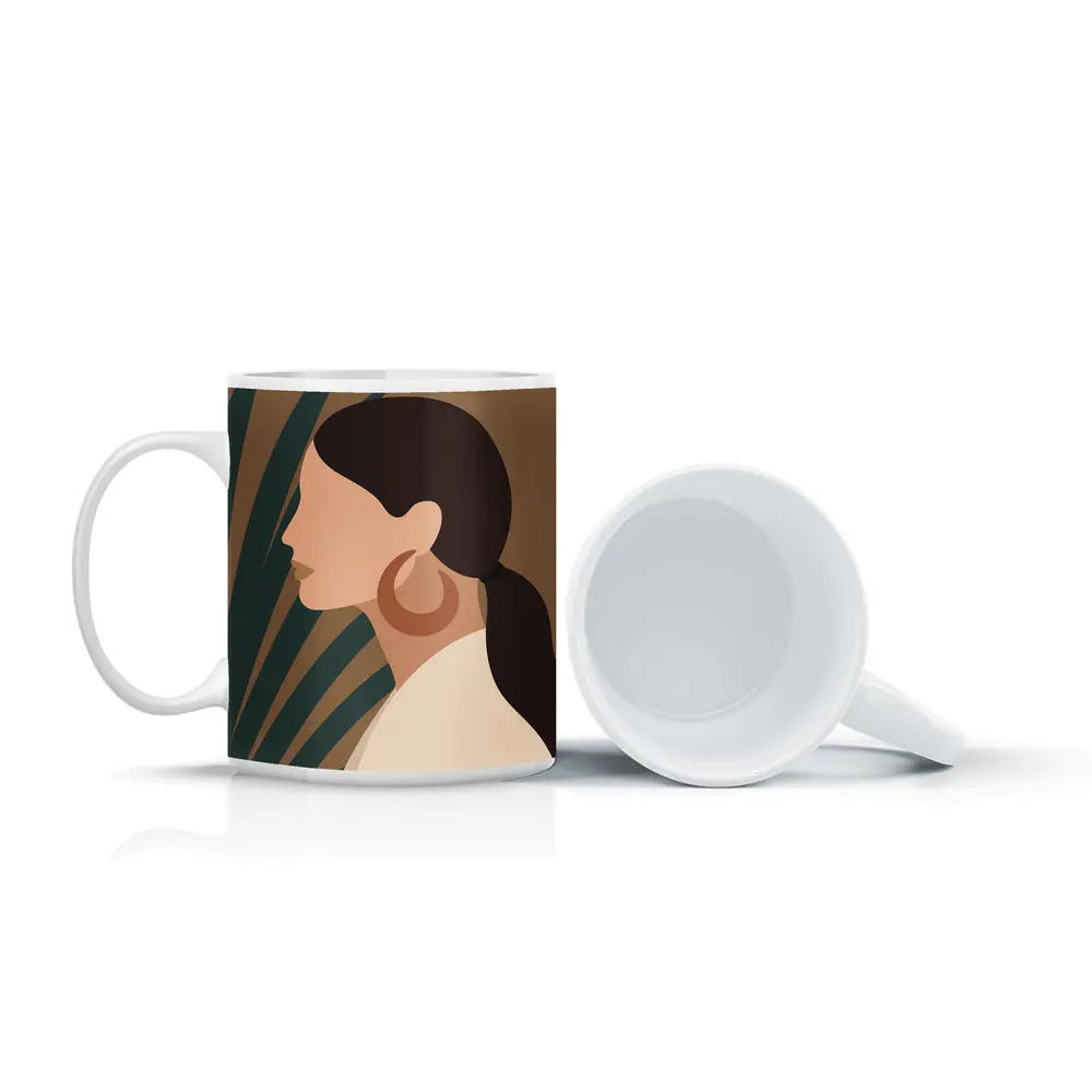 Boho Woman Profile Portrait Tropical Leaf Background – Mugs
