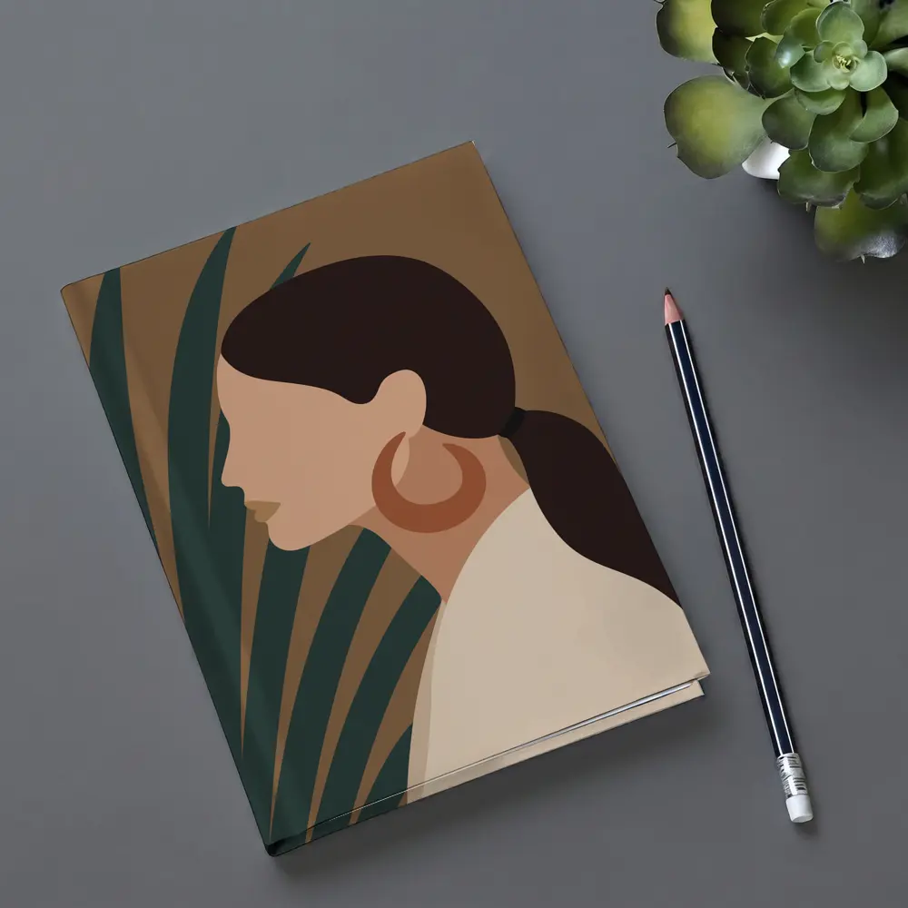 Boho Woman Profile Portrait Tropical Leaf Background – Notebooks
