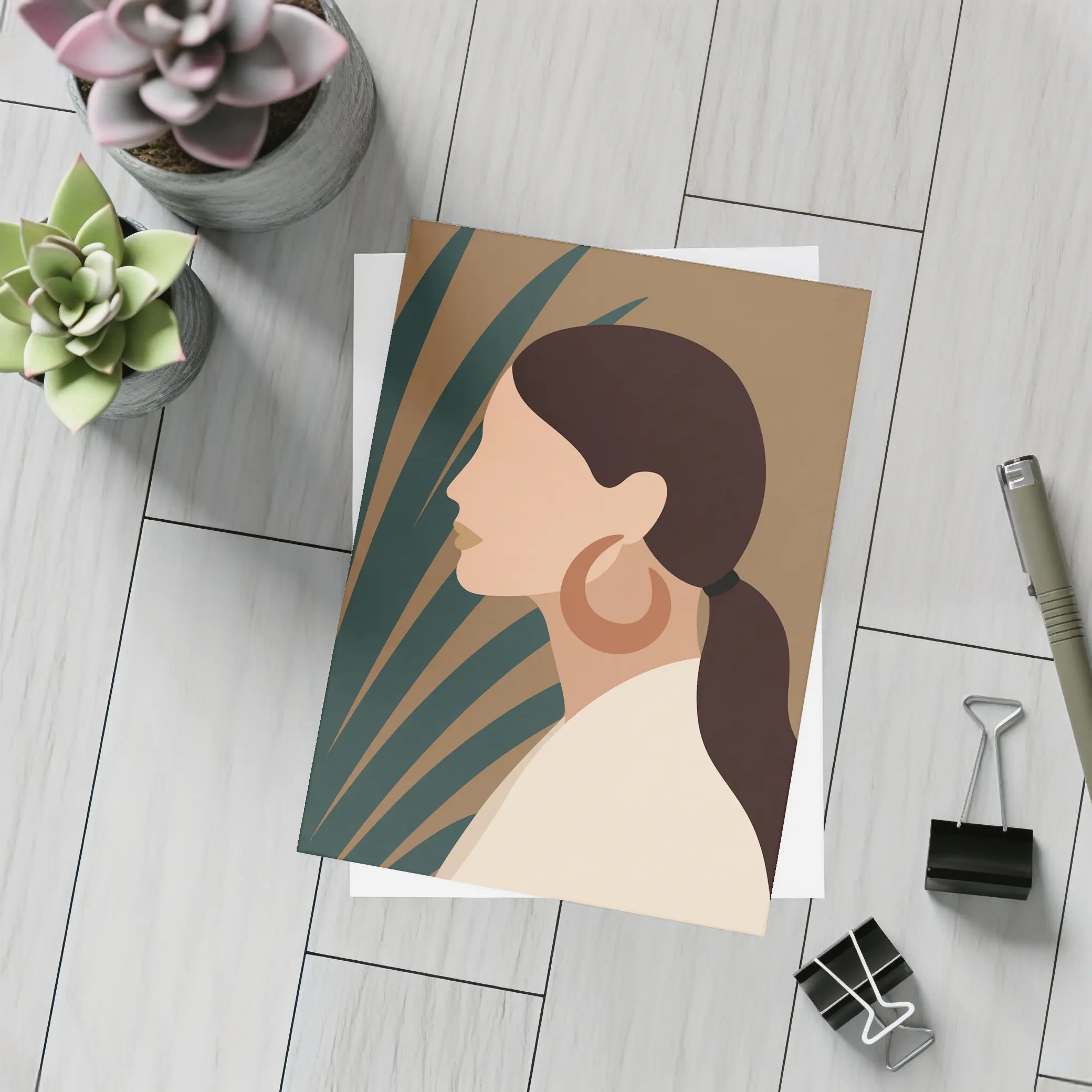 Boho Woman Profile Portrait Tropical Leaf Background – Postcards