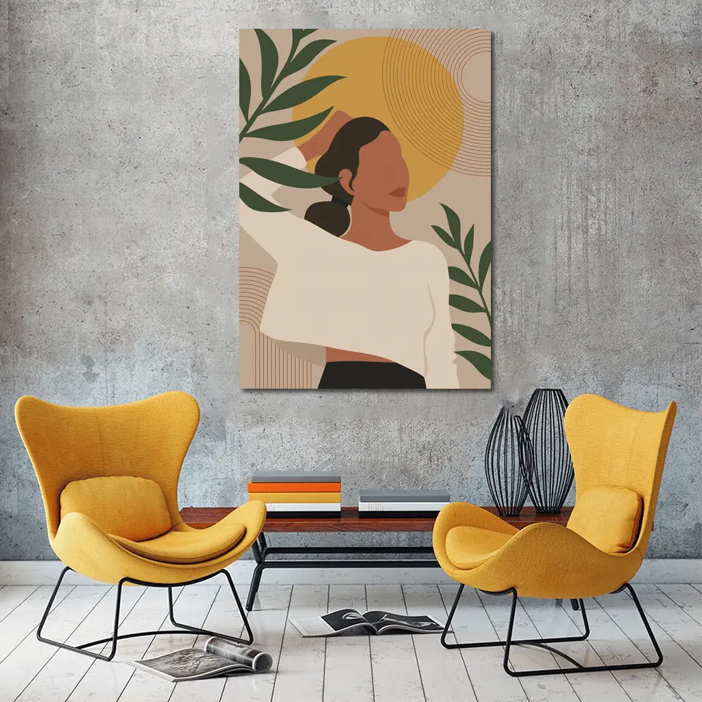 Boho Woman with Tropical Leaves Gold Sun – Wall Art