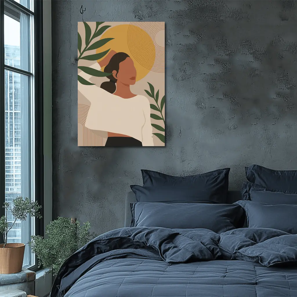 Boho Woman with Tropical Leaves Gold Sun – Wall Art