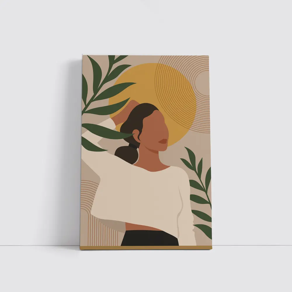 Boho Woman with Tropical Leaves Gold Sun – Wall Art