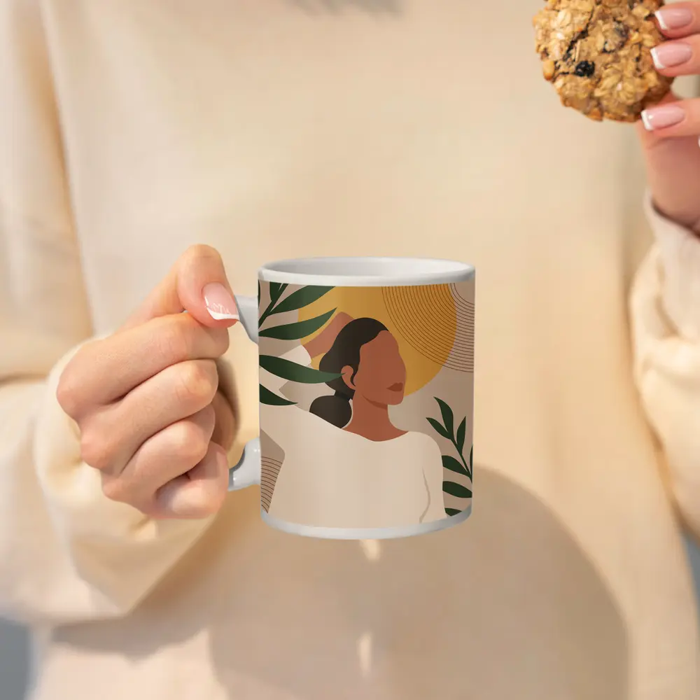 Boho Woman with Tropical Leaves Gold Sun – Mugs