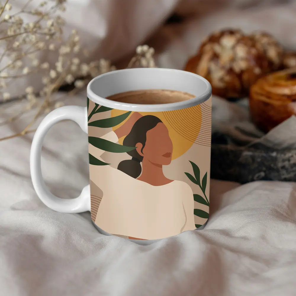 Boho Woman with Tropical Leaves Gold Sun – Mugs