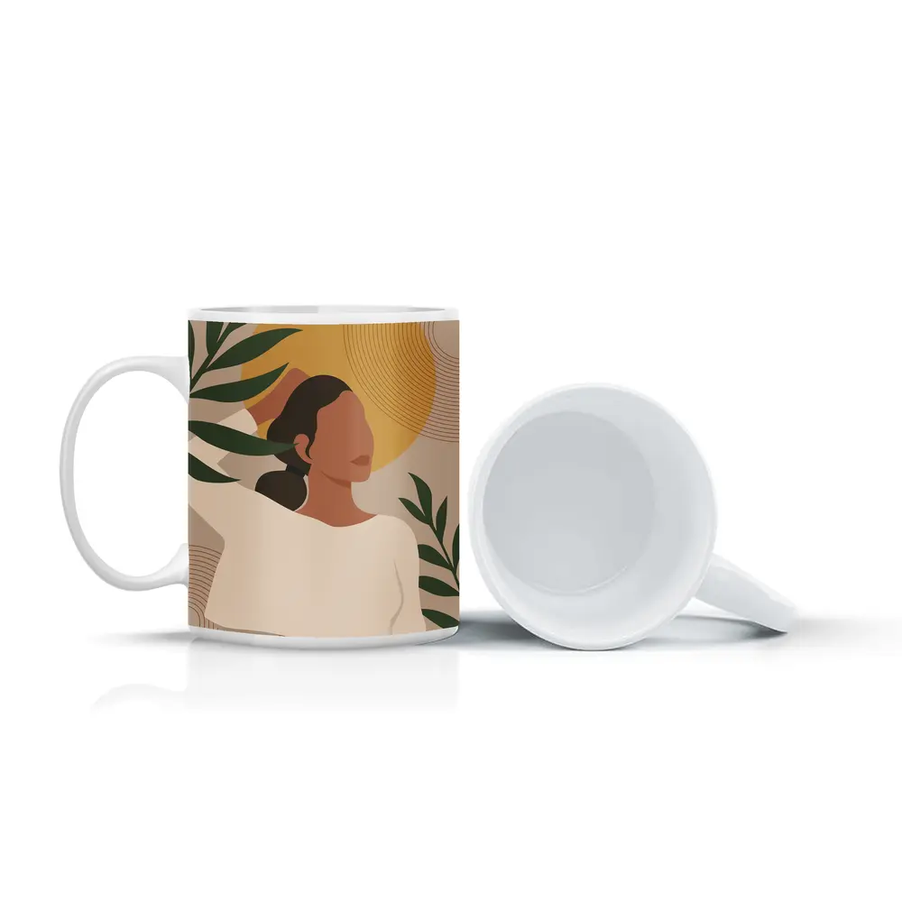 Boho Woman with Tropical Leaves Gold Sun – Mugs