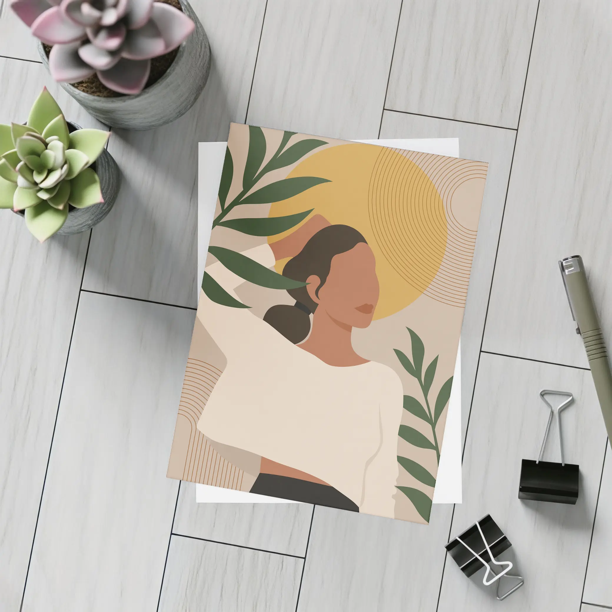 Boho Woman with Tropical Leaves Gold Sun – Postcards