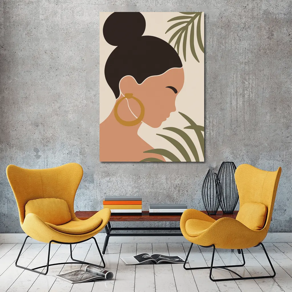 Minimal Woman Portrait Tropical Leaves Boho – Wall Art