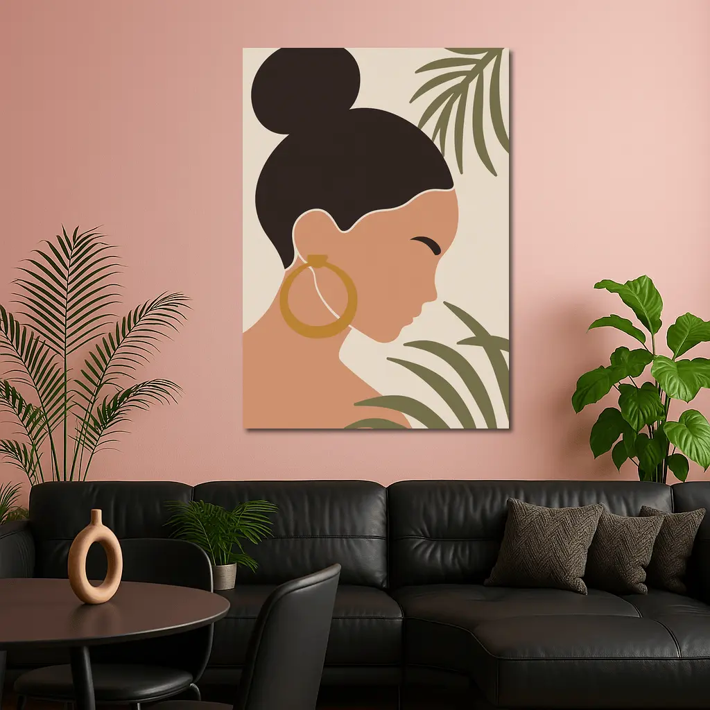 Minimal Woman Portrait Tropical Leaves Boho – Wall Art