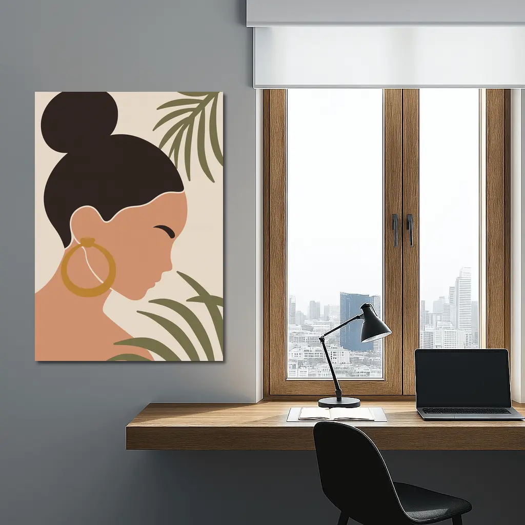 Minimal Woman Portrait Tropical Leaves Boho – Wall Art