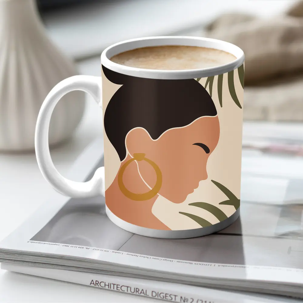 Minimal Woman Portrait Tropical Leaves Boho – Mugs