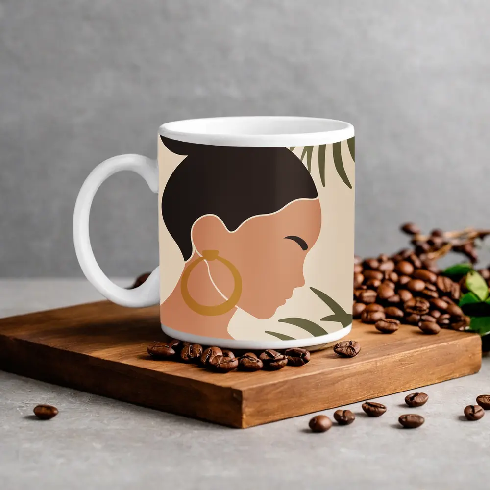 Minimal Woman Portrait Tropical Leaves Boho – Mugs