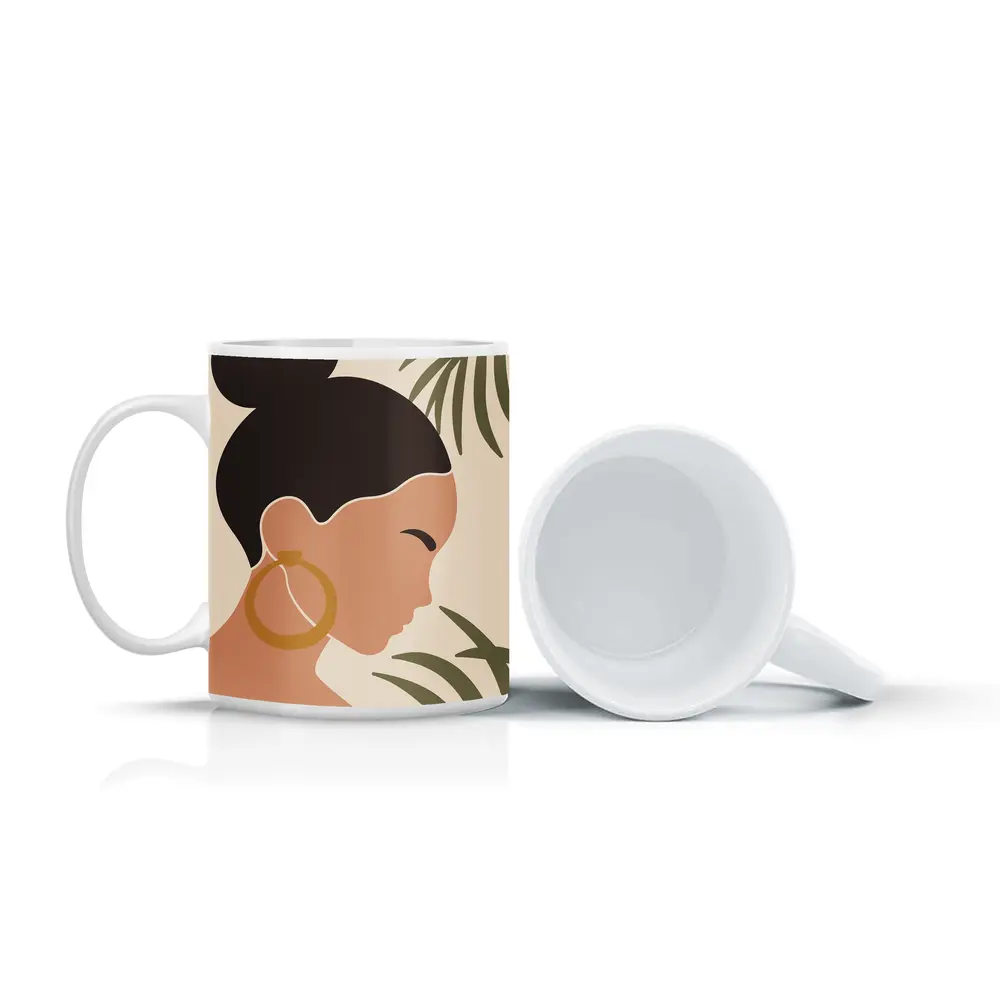 Minimal Woman Portrait Tropical Leaves Boho – Mugs