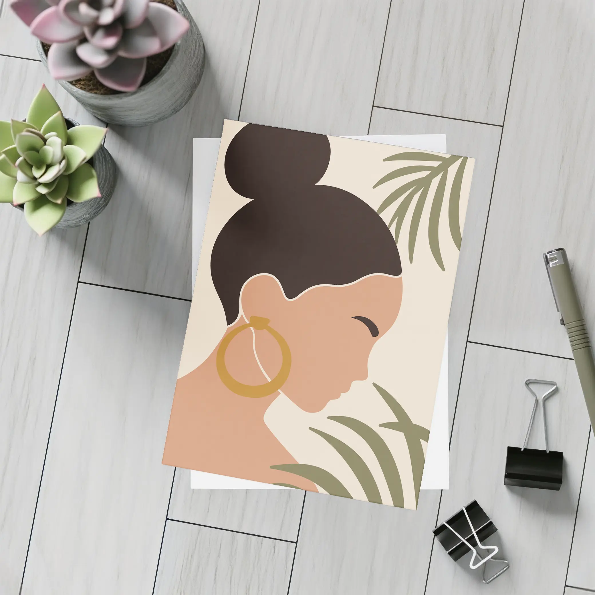 Minimal Woman Portrait Tropical Leaves Boho – Postcards