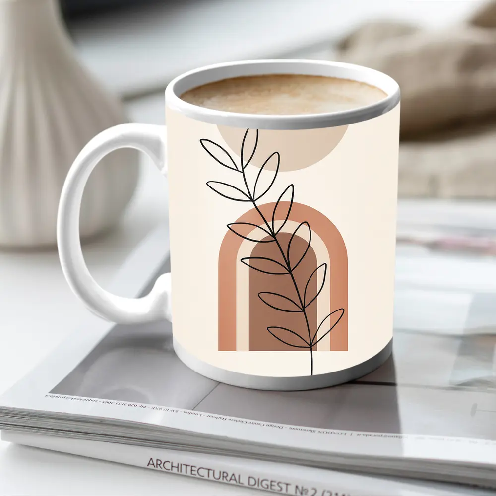 Boho Line Art Leaf Abstract Terracotta Arch – Mugs