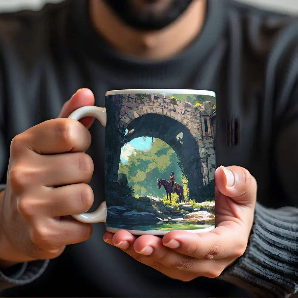 Rider on Horse Under Ancient Stone Arch – Mugs