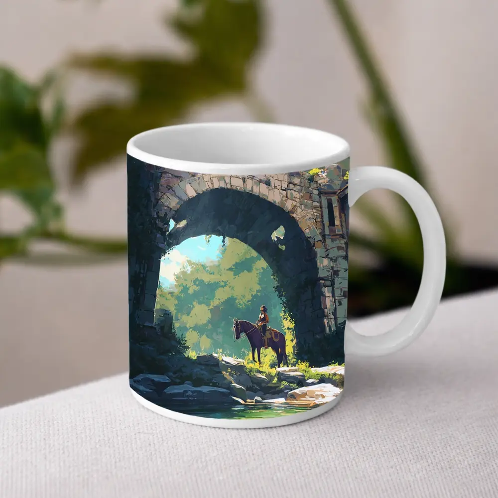 Rider on Horse Under Ancient Stone Arch – Mugs