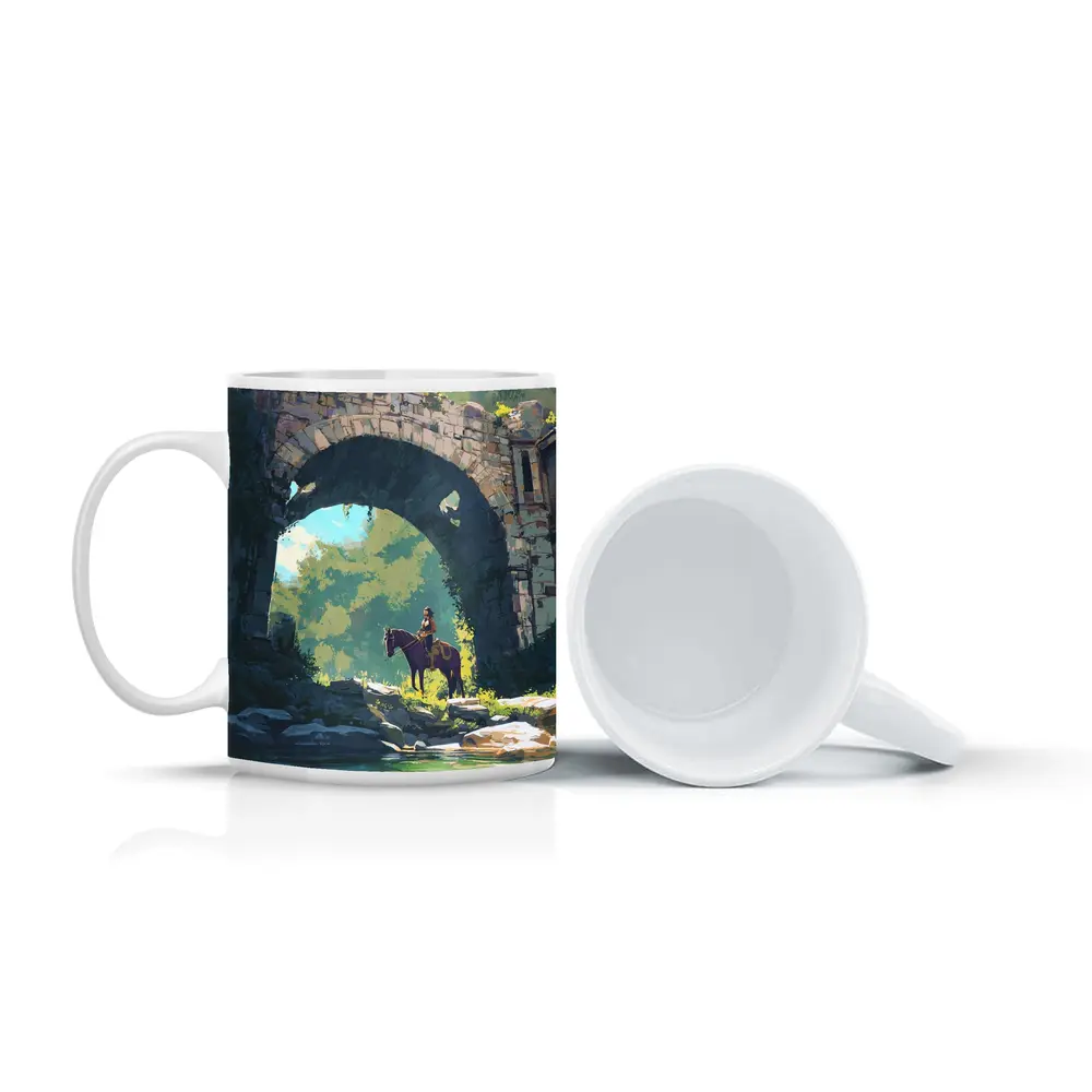 Rider on Horse Under Ancient Stone Arch – Mugs