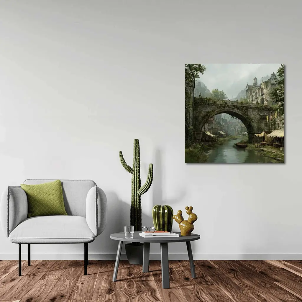 Medieval Fantasy Town Stone Bridge River – Wall Art
