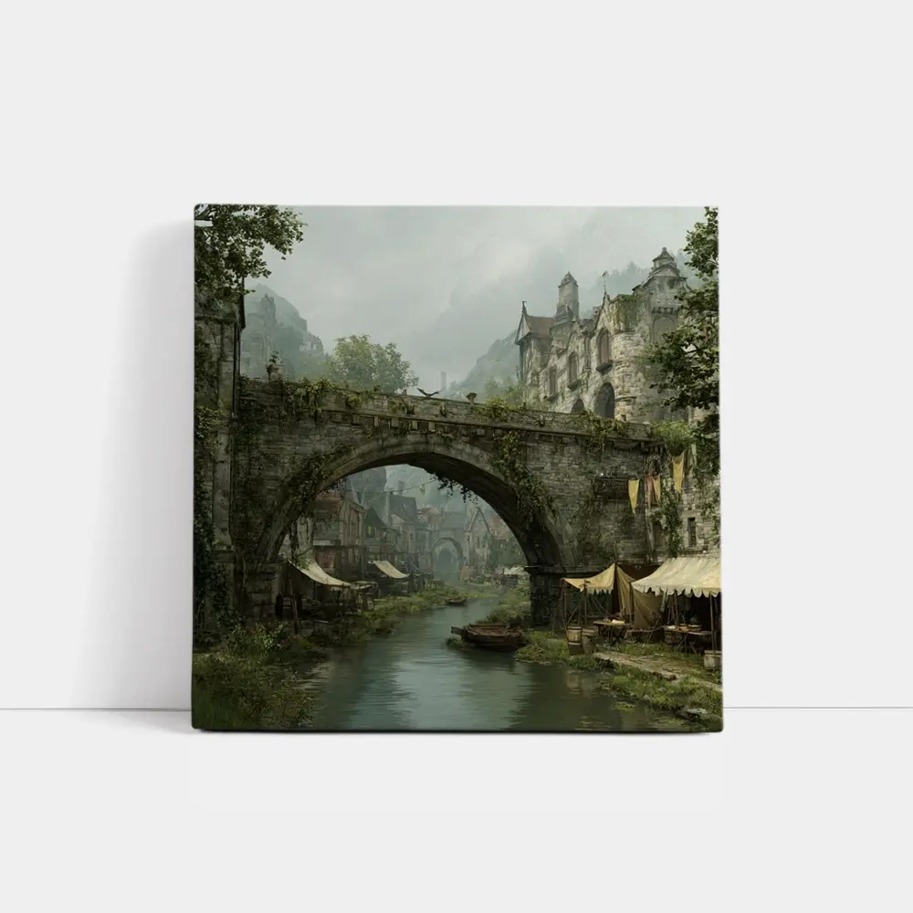 Medieval Fantasy Town Stone Bridge River – Wall Art