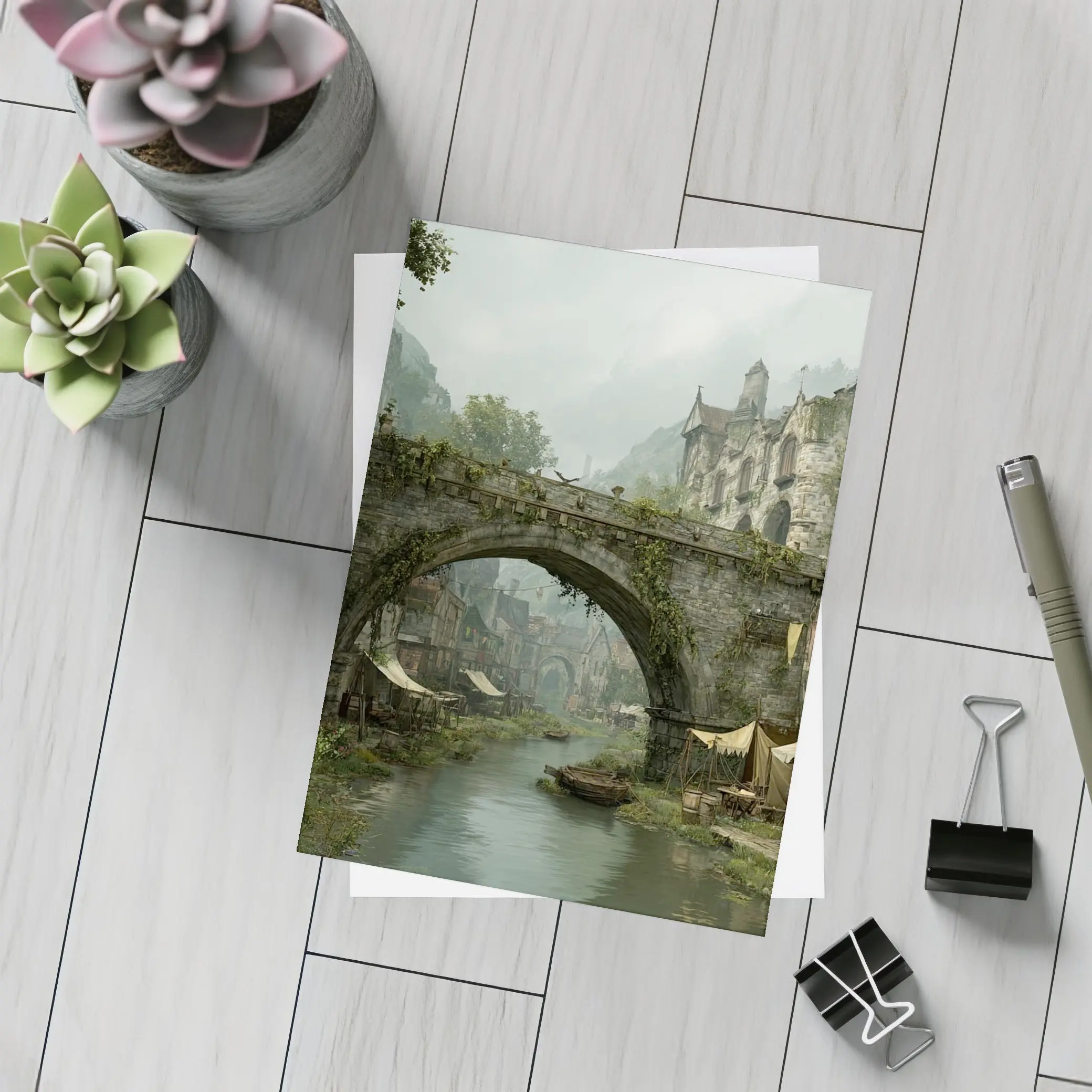 Medieval Fantasy Town Stone Bridge River – Postcards