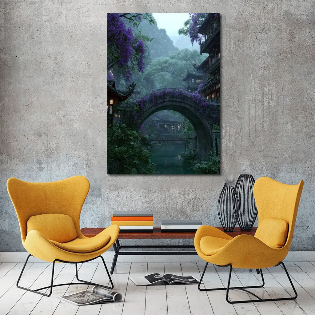 Ancient Stone Bridge Wisteria Chinese Village – Wall Art